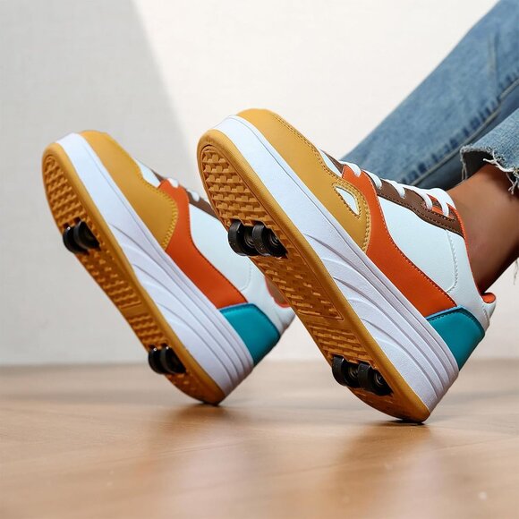 Kids Yellow/orange/white Detachable Wheeled 2 In 1 Skating Shoes Fashion Sneaker - Picture 5 of 7